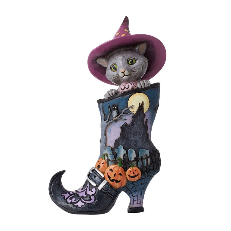 Enesco Jim Shore Black Cat Inside Of Witch's Boot Figurine, 8.26" 1 Enesco Jim Shore Black Cat Inside Of Witch's Boot Figurine, 8.26"