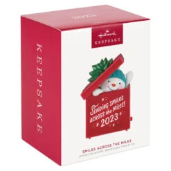 Hallmark Smiles Across The Miles 2023 Recordable Sound Ornament -Featured Home Stores Snowman in Red Present Keepsake Ornament 2499QGO2619 04